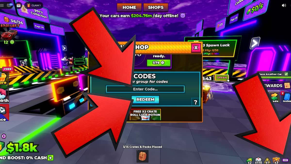 Dream Car Collection game screenshot showing how to redeem codes, with red arrows pointing to the code entry field, Redeem button, and active boosts.