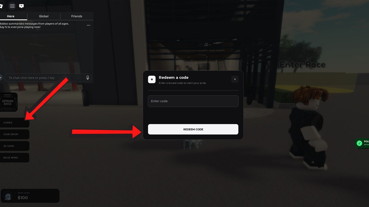 Emoto Cross Codes Redemption System pop-up window with arrows showing which buttons to click