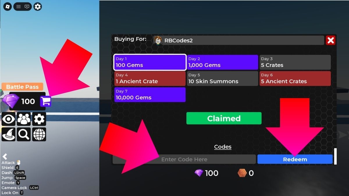 Encounters Smash Battles codes redemption screen showing the shop icon, code entry field, and Redeem button highlighted with pink arrows.