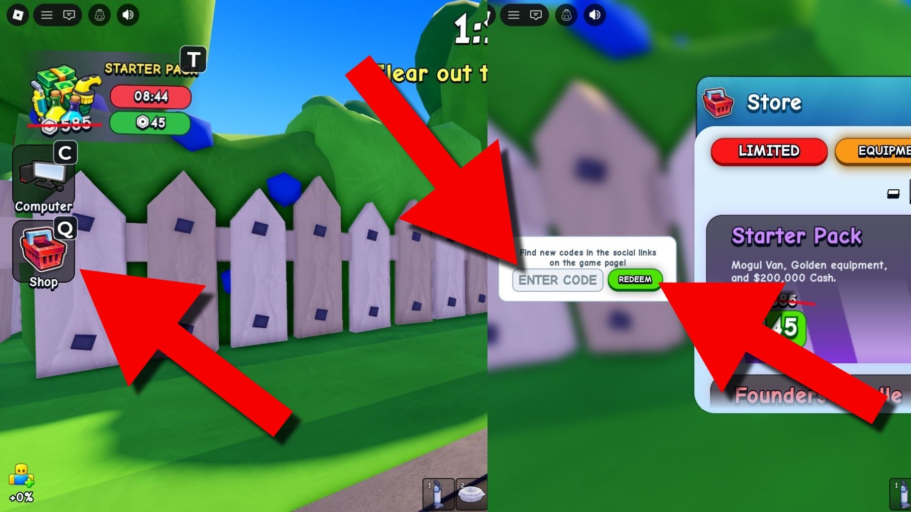 Flip a House game screenshot showing how to redeem codes, with red arrows pointing to the Shop button, code entry field, and Redeem button.