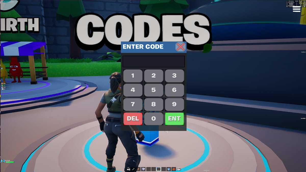 Fortnite +1 Escape a Brainrot codes redemption screen showing the code keypad and Enter Code field in front of the player.