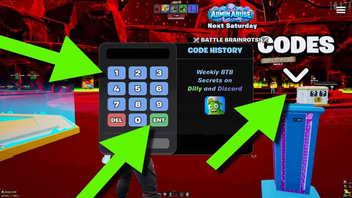 Fortnite Beat The Brainrot screenshot showing the code redemption keypad, with green arrows pointing to the code machine and number pad.