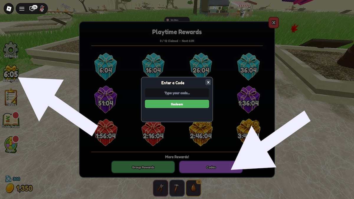 Grow a Bonsai rewards codes pop-up window inside the Playtime rewards menu with arrows pointing to which buttons to click