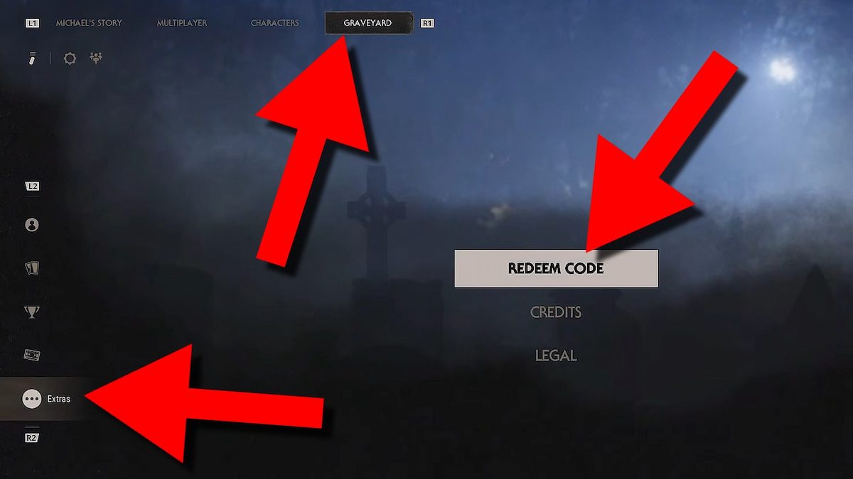 Halloween The Game code redemption menu showing the Graveyard tab, Extras section, and Redeem Code button highlighted with red arrows and step labels.