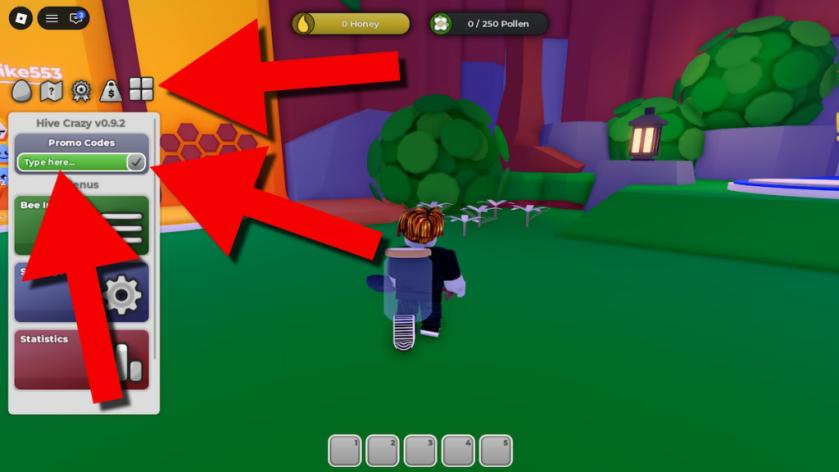 Hive Crazy codes redemption screen showing the menu button and Promo Codes entry field highlighted with red arrows.