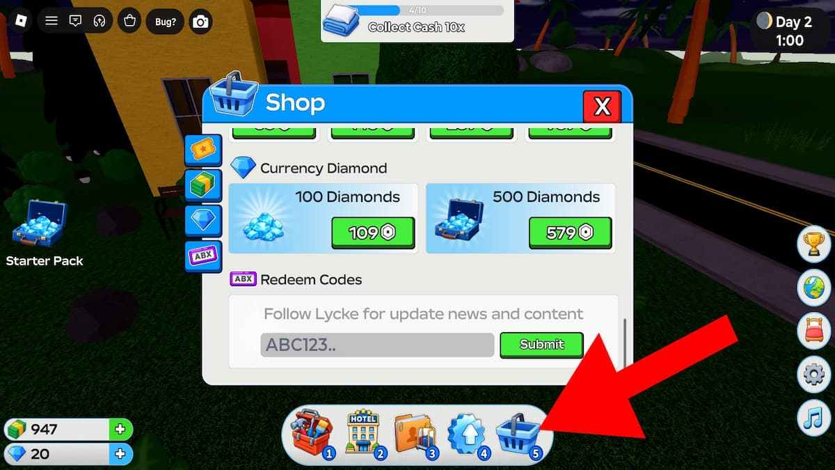 Arrow pointing to the Hotel Tycoon 2 codes section.