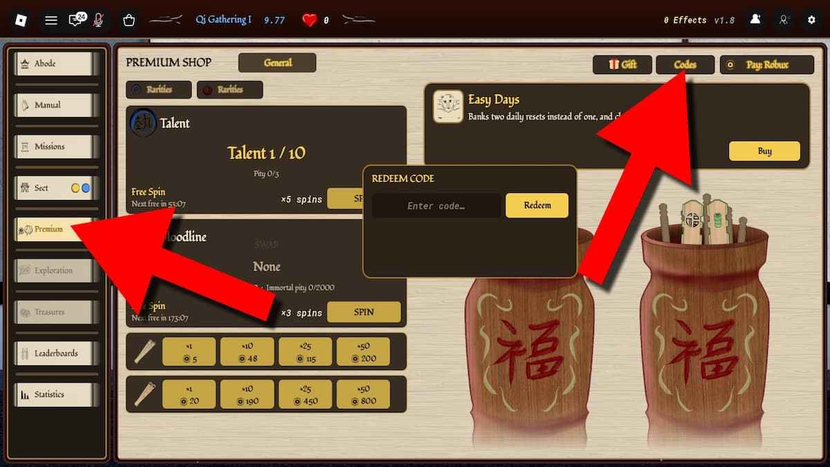 Arrows pointing to the Premium button and Codes button in Idle Cultivation