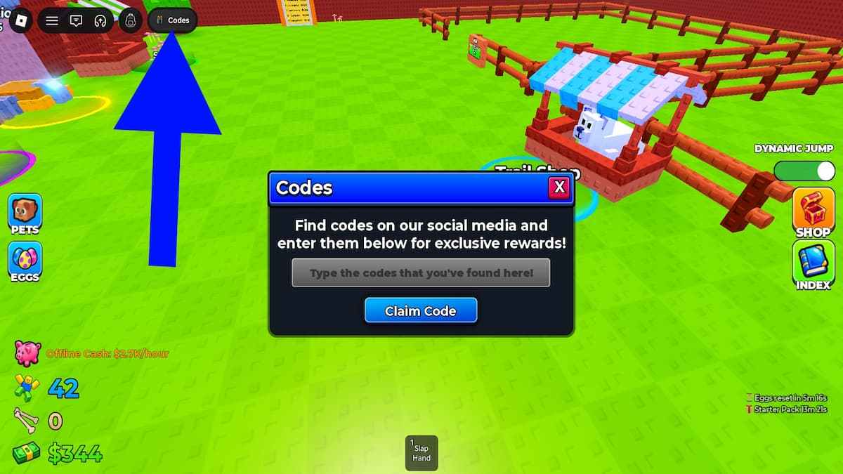 Arrow pointing to the Jump for Animals Codes button.