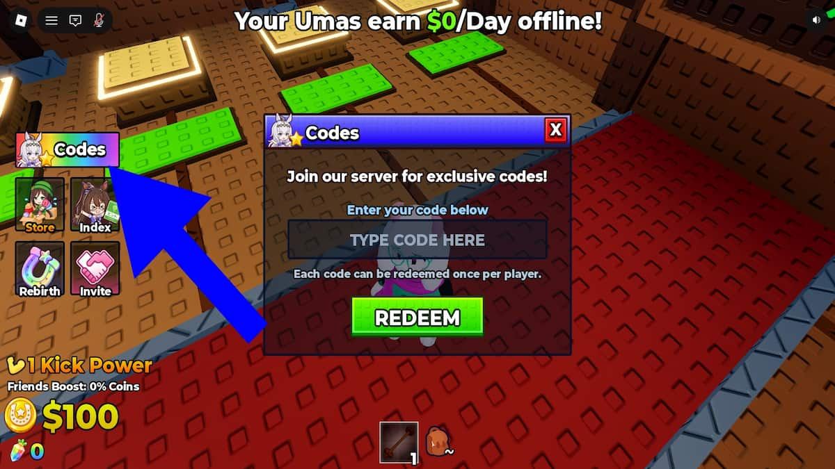 Arrow pointing to the Kick an Uma codes button.