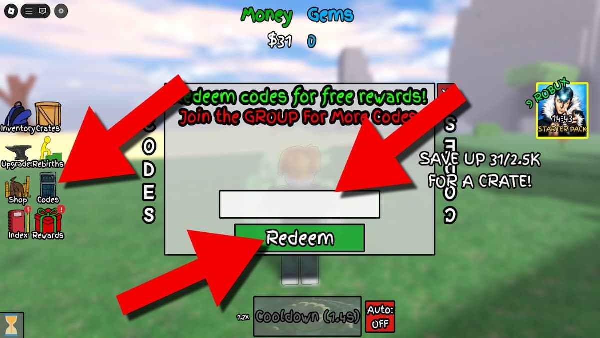 Larp Your Character codes redemption screen showing the Codes button, code entry field, and Redeem button highlighted with red arrows.