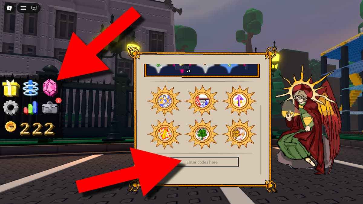 LOTTERYWORLD codes redemption screen showing the pink codes icon and code entry field highlighted with red directional arrows.