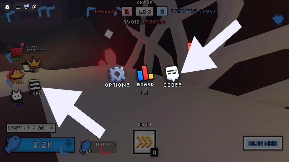 Arrows pointing to the more button and codes button in Meow Madness