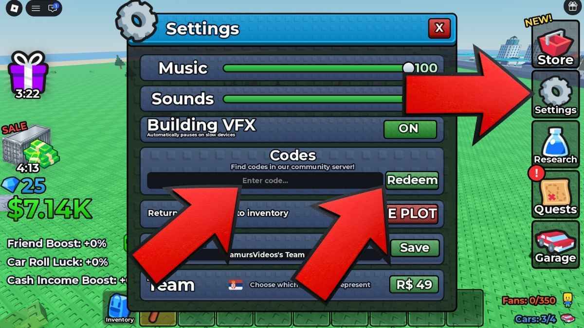 Mini Race game screenshot showing how to redeem codes, with red arrows pointing to the Settings button, code entry field, and Redeem button.