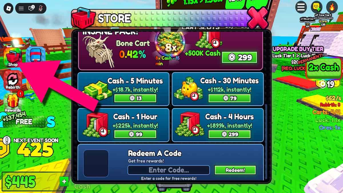 Arrow pointing to the My Lucky Train shop button.