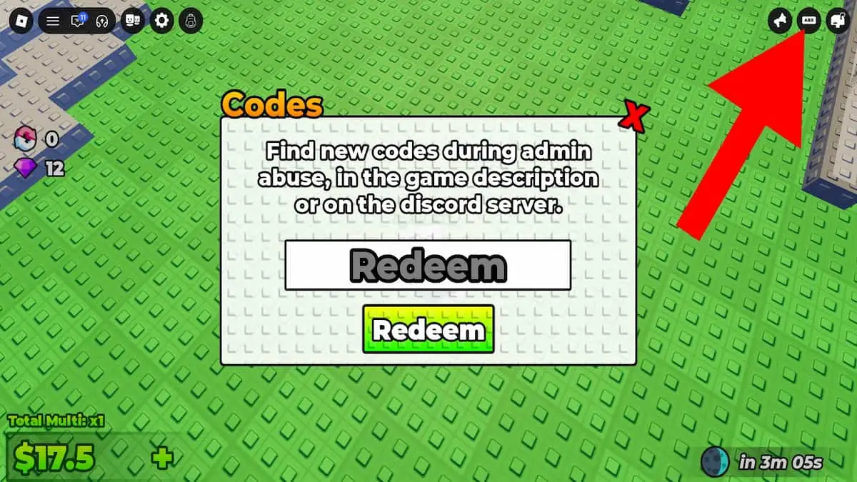 Screenshot showing an arrow pointing to the My Toll Farm codes button and the codes pop-up window in the middle of the screen