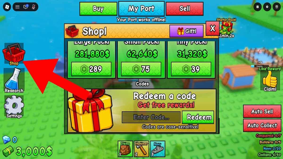 Arrow pointing to the Navy War store button.