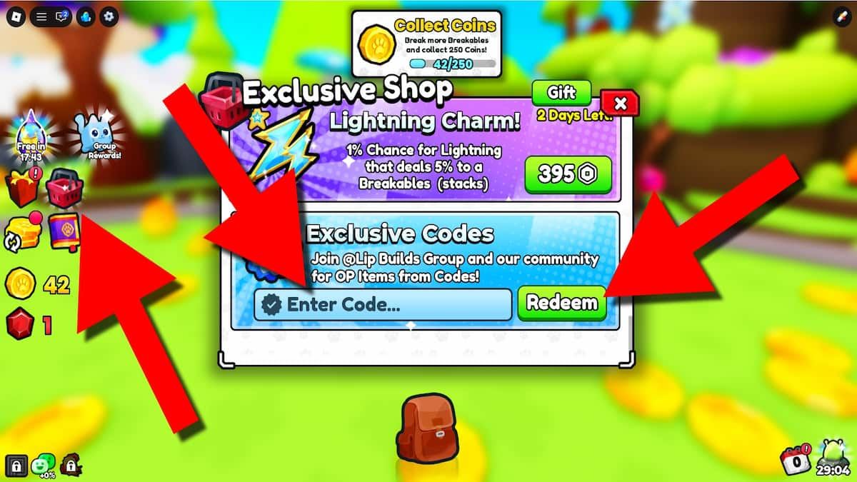 Pets Universe game screenshot showing how to redeem codes, with red arrows pointing to the Exclusive Shop button, code entry field, and Redeem button.
