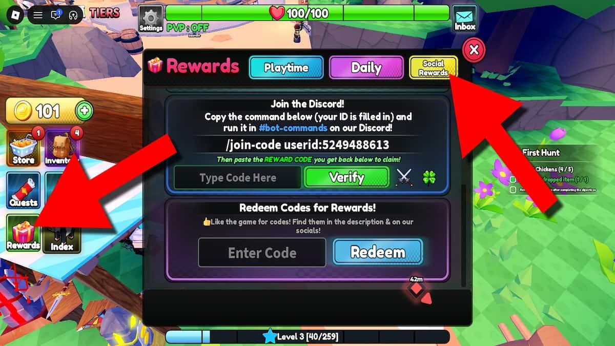 Arrows pointing to the codes section inside the Rewards pop-up window in Poly Loot