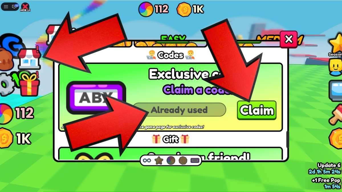 Pop for Free game screenshot showing the Codes menu, with red arrows pointing to the Codes button, code entry field, and Claim button.