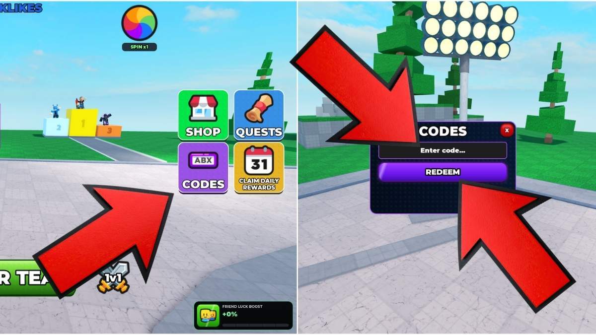 Roblox Build a Football Team codes redemption guide showing the Codes button, code entry field, and Redeem button highlighted with red arrows.