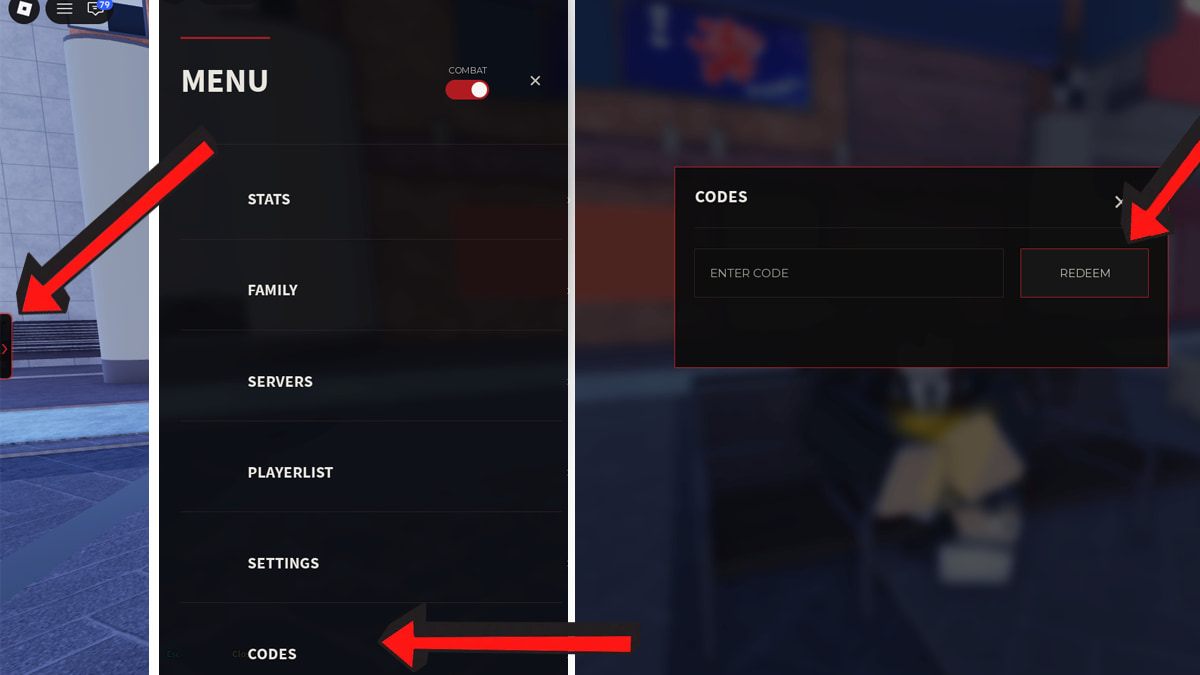 Roblox Gokudo codes redemption guide showing the side menu, Codes option, code entry field, and Redeem button highlighted with red arrows.