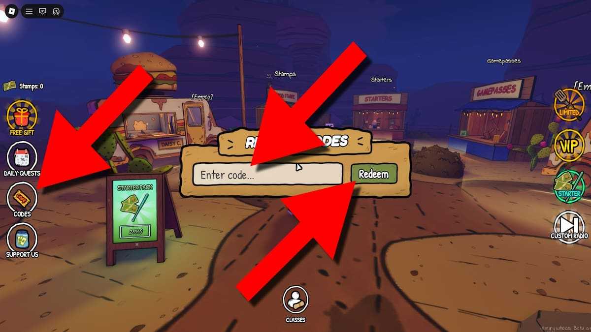 Roblox Hungry Wheels game screenshot showing how to redeem codes, with red arrows pointing to the Codes button, code entry field, and Redeem button.