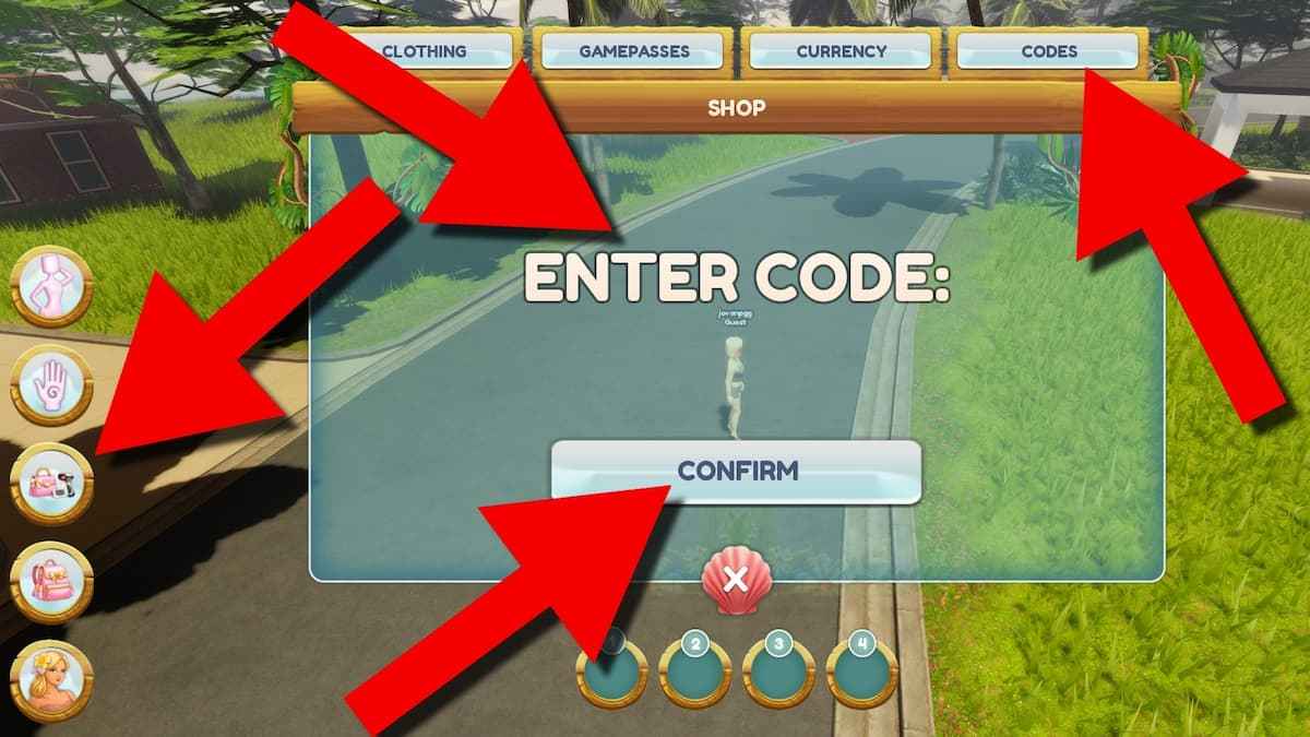 Mermaid Awakening codes redemption screen showing the Shop button, Codes tab, code entry field, and Confirm button highlighted with red arrows.