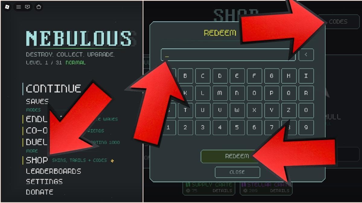 Roblox Nebulous game screenshot showing the Shop menu and code redemption interface, with red arrows pointing to the Shop option, Codes tab, code entry field, and Redeem button.