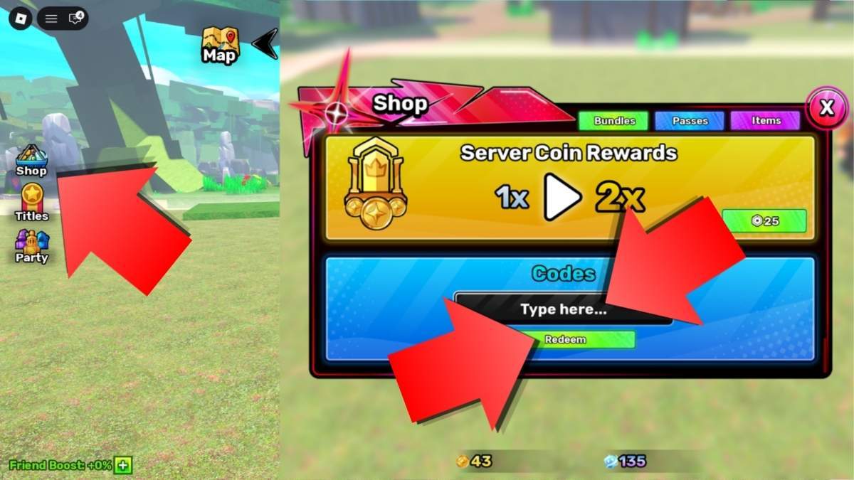 Soul Hero codes redemption screen showing the Shop button, code entry field, and Redeem button highlighted with red arrows.