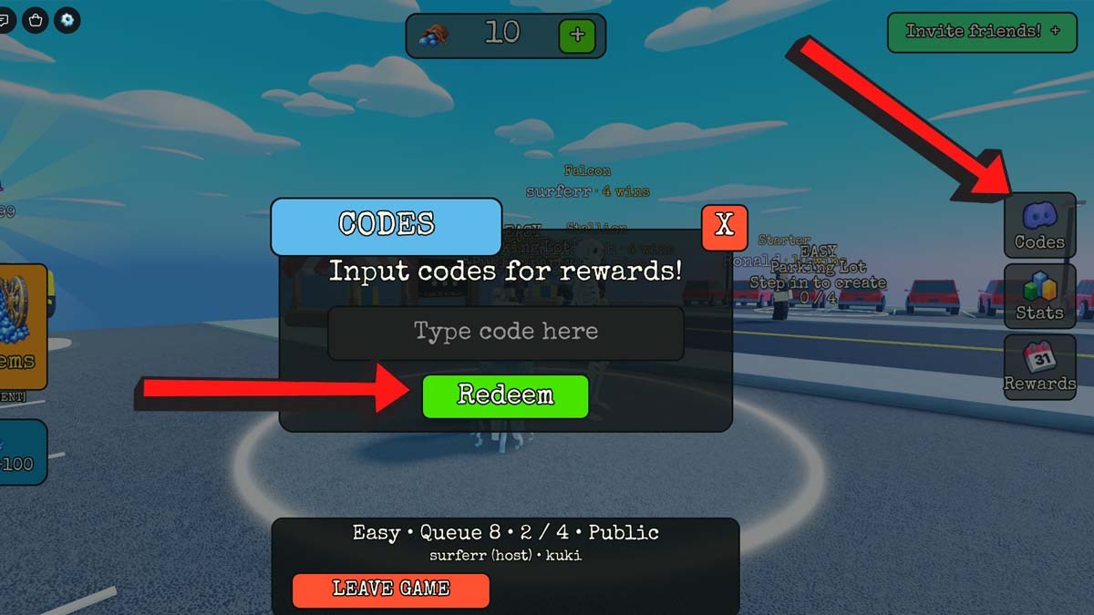 Roblox Where Did I Park Codes Redemption pop-up window