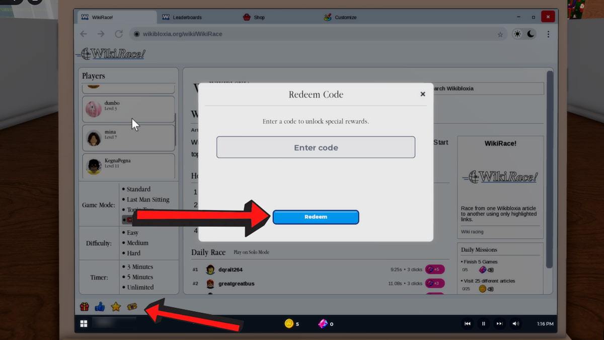 WikiRace codes redemption screen showing the codes button and Redeem button highlighted with red arrows.