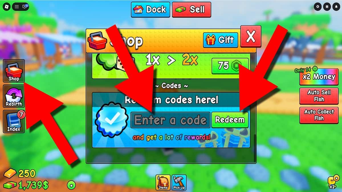 Roll a Fisherman game screenshot showing how to redeem codes, with red arrows pointing to the Shop button, code entry field, and Redeem button.