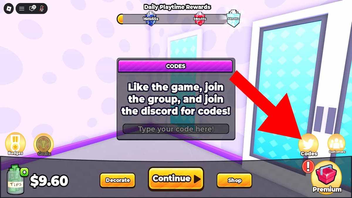 Arrow pointing to the codes button in Run A Freezeria