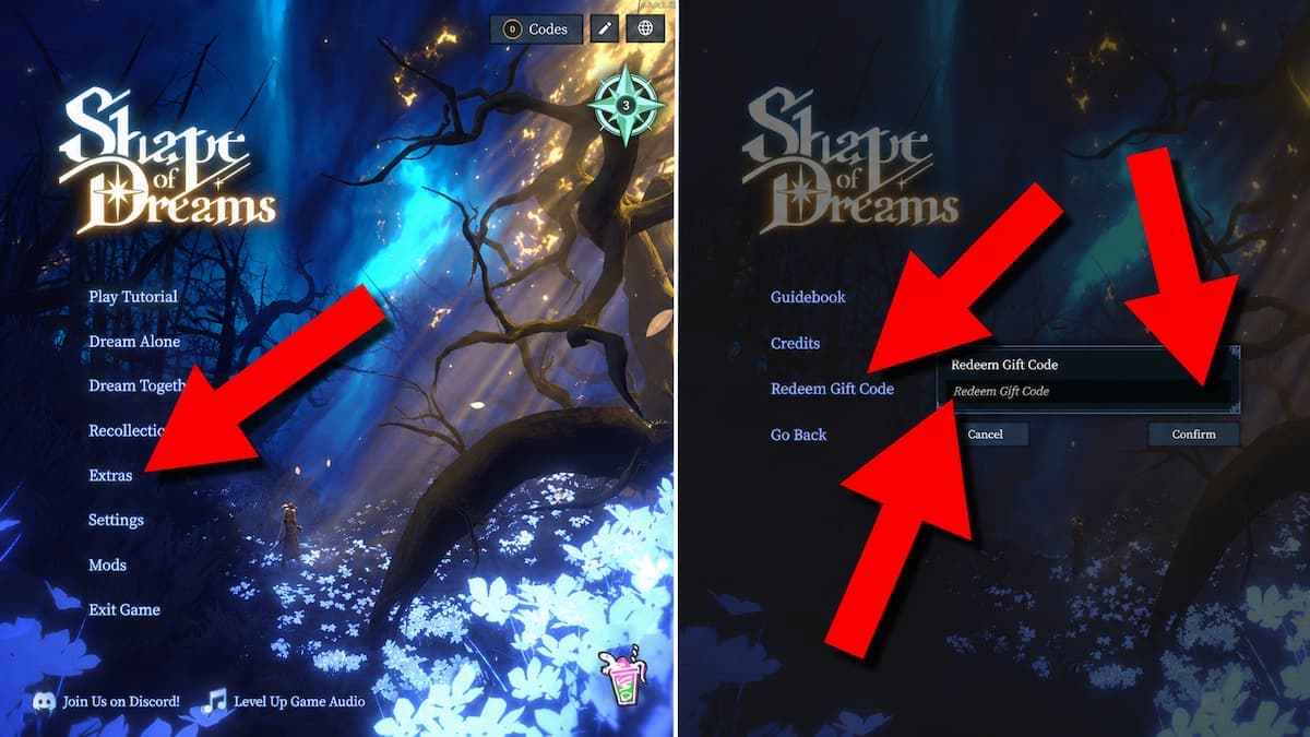 Shape of Dreams game screenshots showing how to redeem codes, with red arrows pointing to the Extras menu, Redeem Gift Code option, code entry field, and Confirm button.