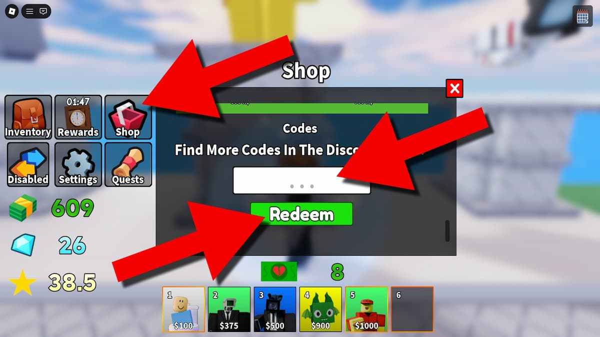 Slop Tower Defense codes redemption screen showing the Shop button, code entry field, and Redeem button highlighted with red arrows.