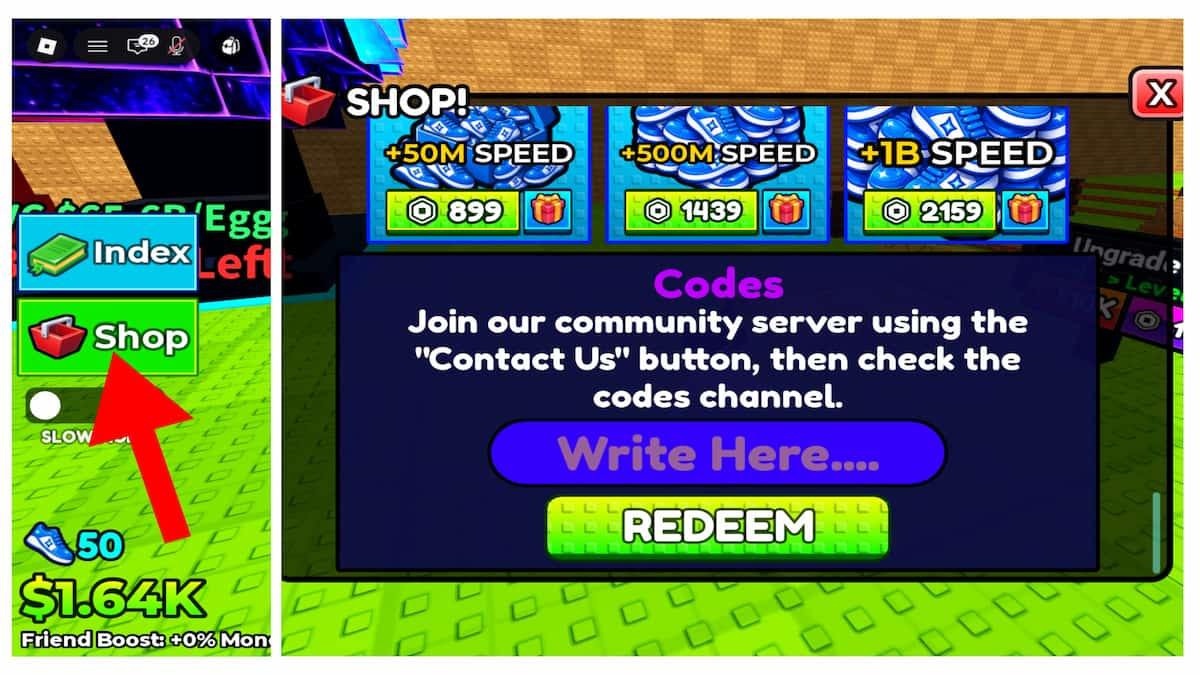 Arrow pointing to the Steal a Chicken store button.