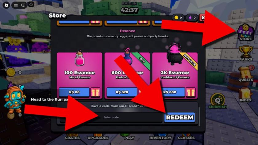 Survive the Swarm codes redemption screen showing the Store button, code entry field, and Redeem button highlighted with red arrows.