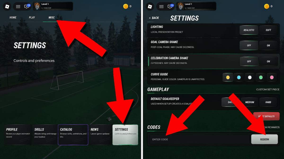 That Freekick Challenge game screenshots showing how to access the Settings menu and redeem codes, with red arrows pointing to the Misc tab, Settings button, code entry field, and Redeem button.