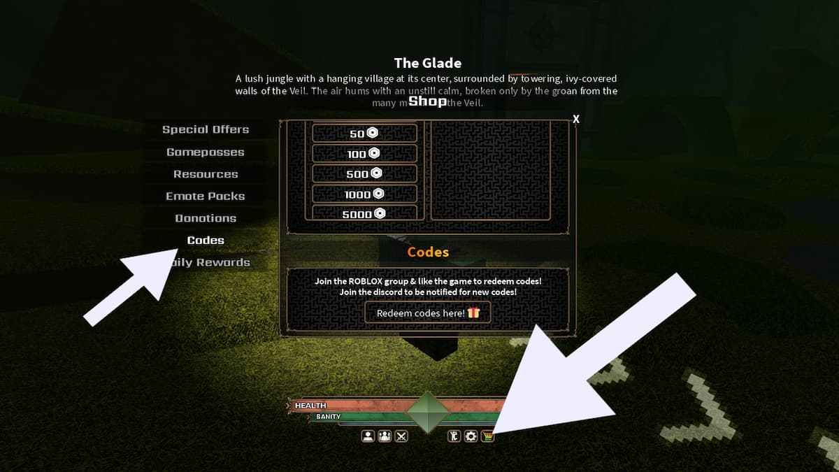 Arrows pointing to The Veil shop and codes.