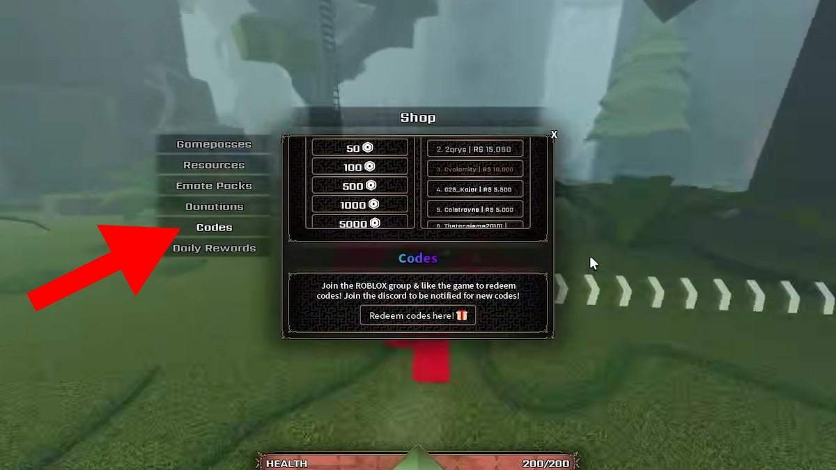 Arrow pointing to The Veil codes section.