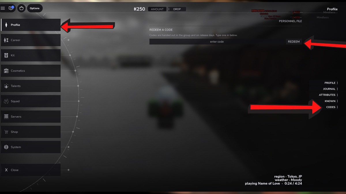 Venture: AOT Codes Redemption System pop-up window with arrows showing the buttons to click