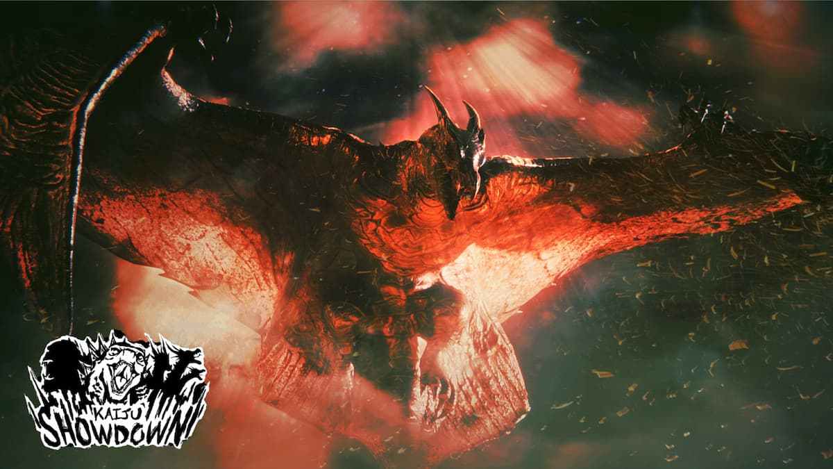 Kaiju Showdown game artwork showing a massive winged kaiju emerging through fiery red smoke, with the Kaiju Showdown logo in the bottom-left corner.