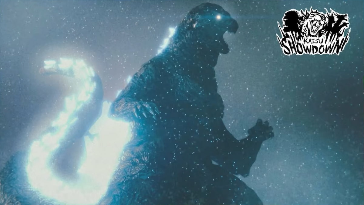 Kaiju Showdown game artwork showing a giant Godzilla-like monster roaring in a snowy scene, with the Kaiju Showdown logo in the top-right corner.