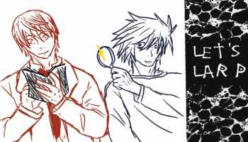 LARP Your Character featured artwork showing two anime-style characters inspired by Death Note with the text “Let’s LARP” on the side.