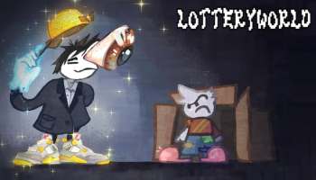 LOTTERYWORLD featured image showing a stylized character in a suit holding a glowing golden object beside another character sitting in a cardboard box.