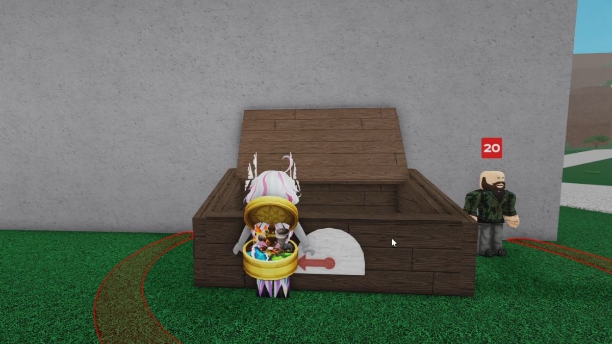 NPC Geck and the wood bin in Lumber Tycoon 2