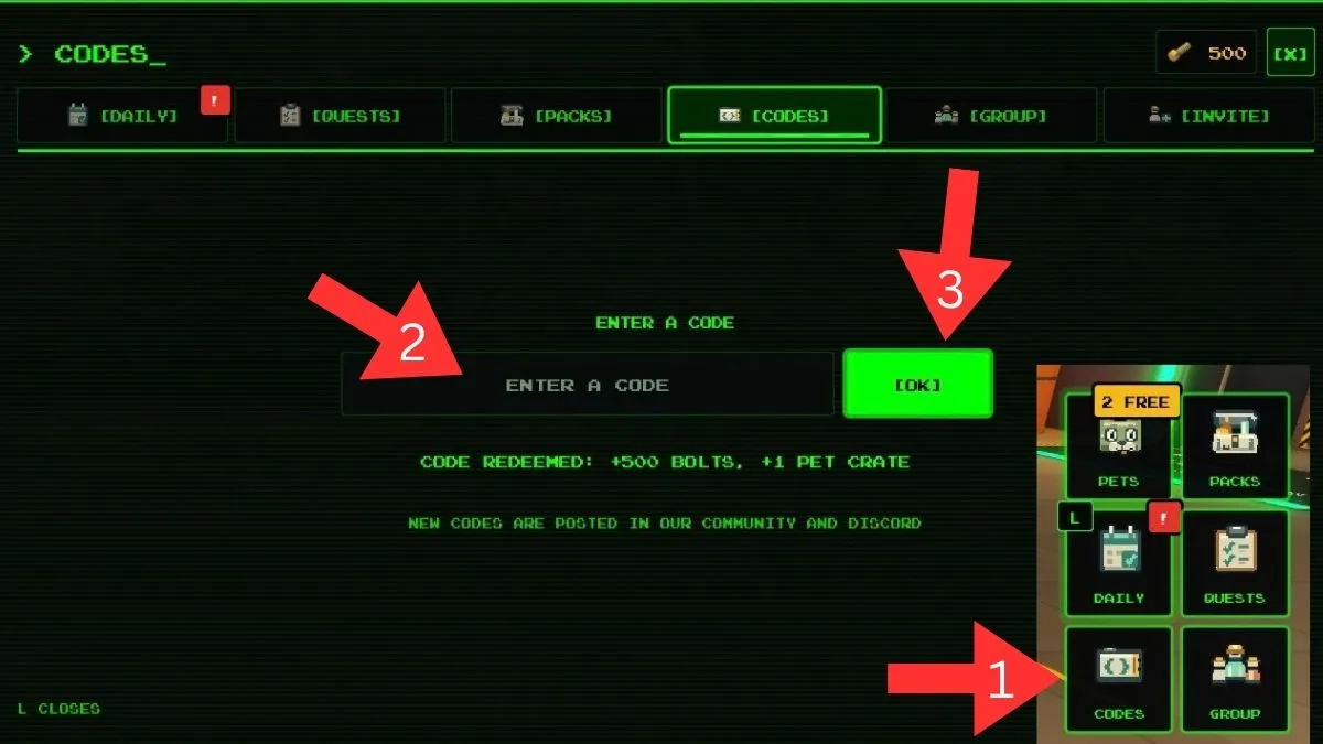 codes screen showcasing how to claim codes in Feed the Pit