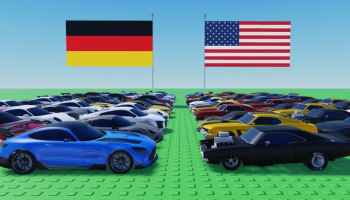 Mini Race game artwork showing rows of sports cars and muscle cars lined up beneath German and American flags, ready to race.