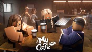 My Cafe featured image showing Roblox characters sitting together at a coffee shop table with drinks and the My Cafe logo.