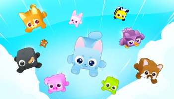Pets Universe game artwork showing a group of colorful cartoon pets, including cats, rabbits, dogs, and other creatures, floating through a bright blue sky.
